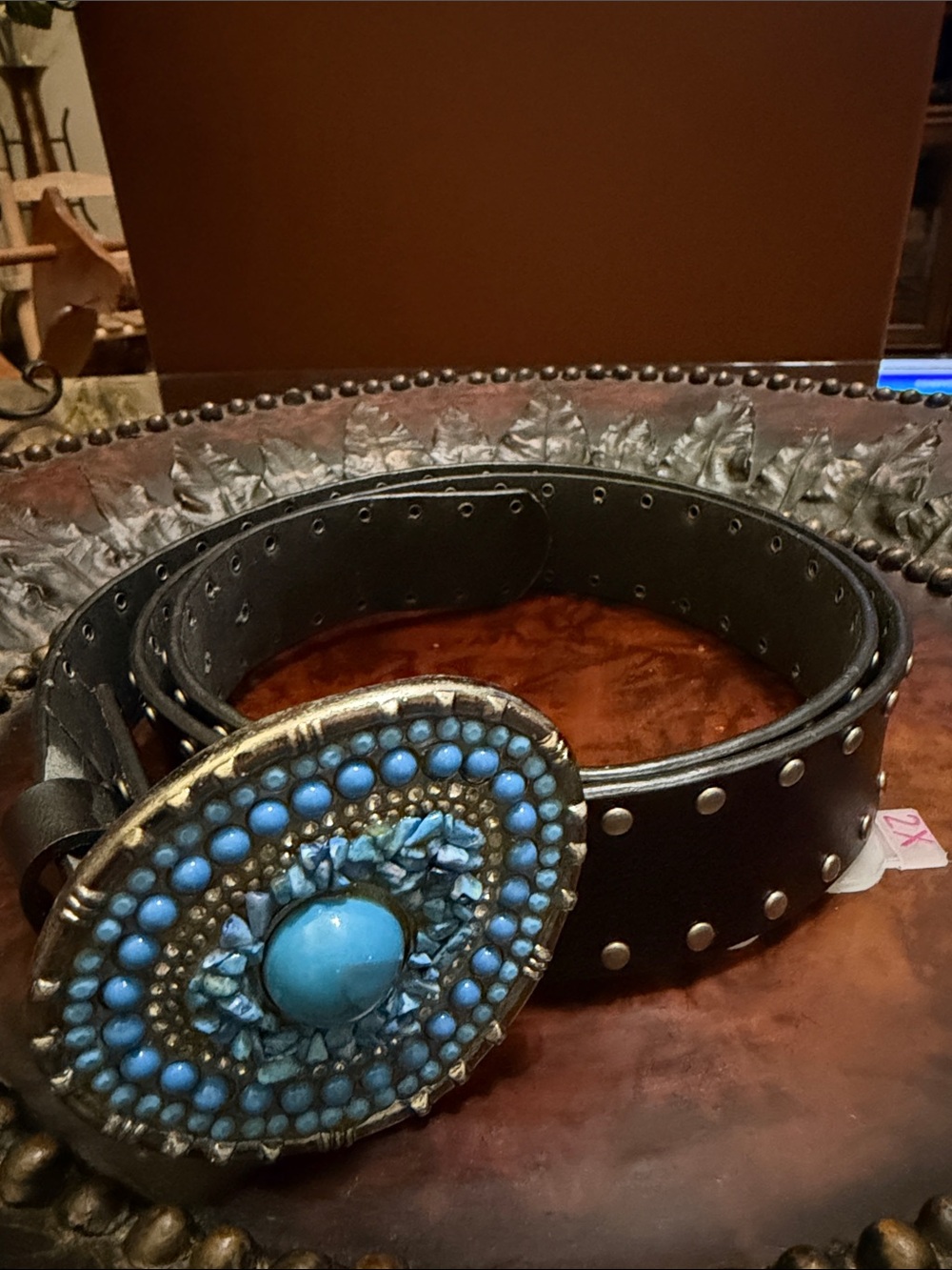 Studded Black Faux Leather Belt with Turquoise Beaded Buckle